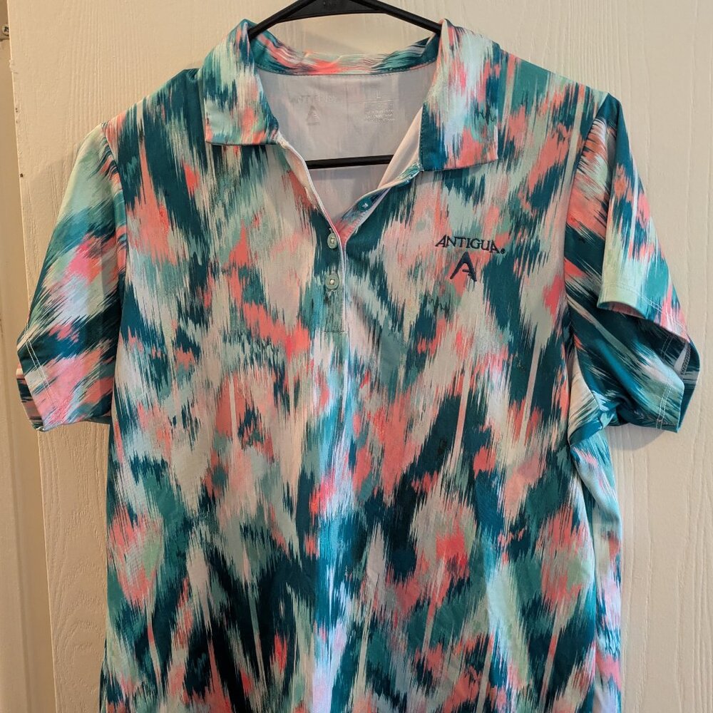 Antigua Women's Golf Polo Size Large Polyester Pink Teal Blue